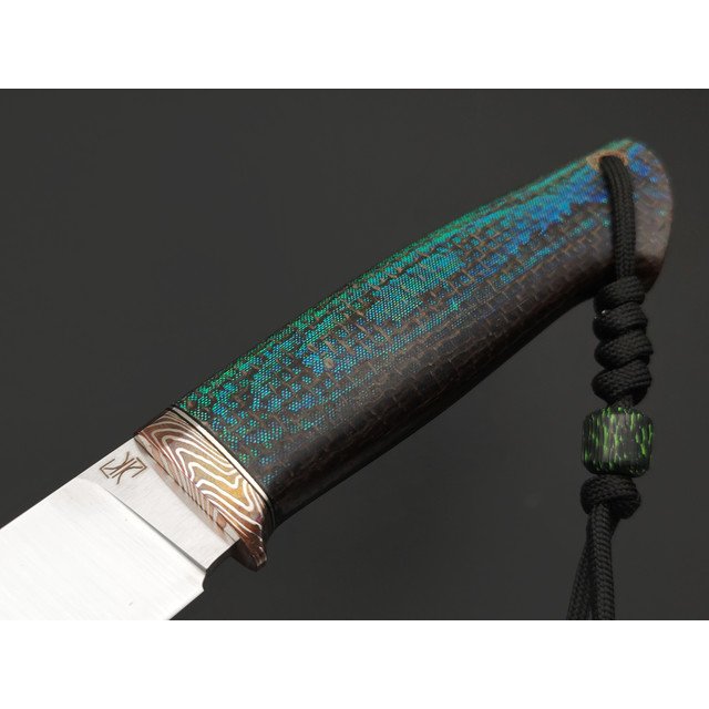 Кузница Ковчег нож Скаут сталь M398 satin, рукоять Micarta jute chameleon custom, мокумэ-ганэ