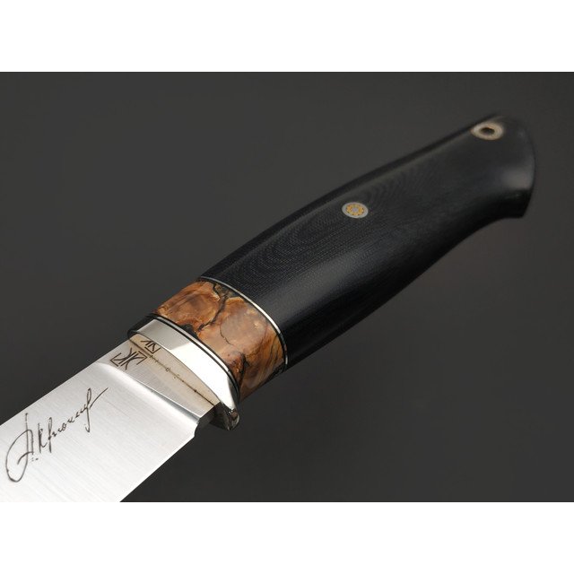 Кузница Ковчег нож Таёжный сталь M398 satin, рукоять Micarta grey canvas, стаб. зуб мамонта, мельхиор