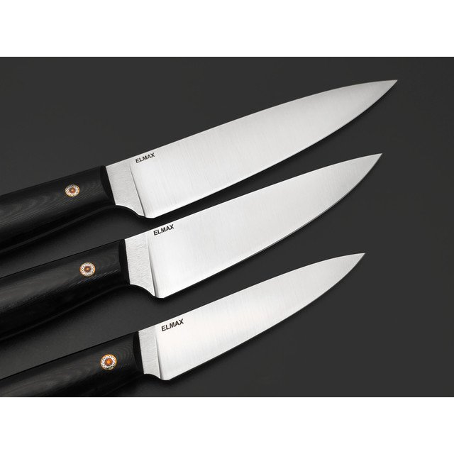 Кузница Ковчег набор кухонных ножей 3 шт сталь Elmax satin, рукоять G10 black, мозаичные пины, кожаная скрутка