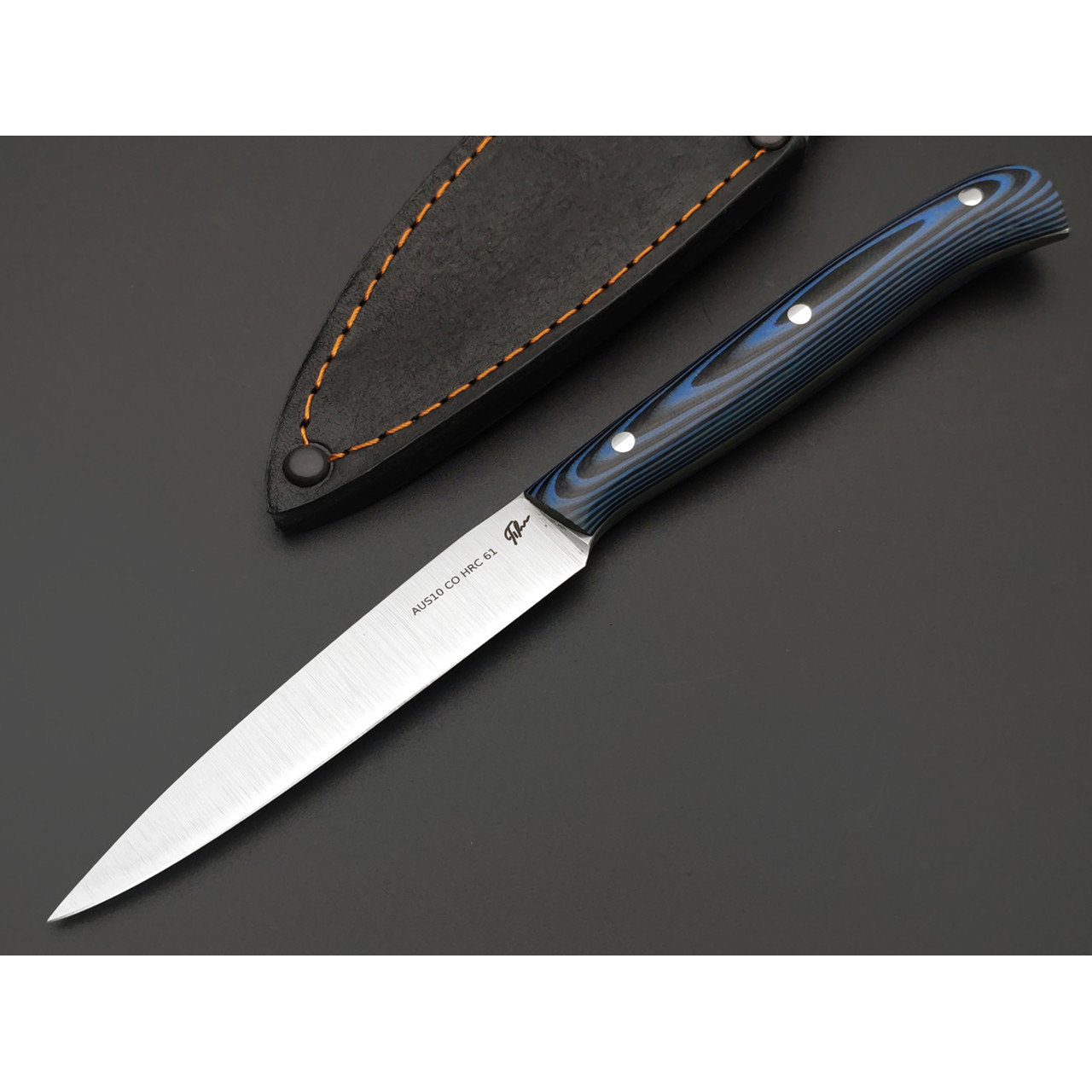 Платонов Д.Г. кухонный нож Paring сталь Aus10Co сатин, рукоять G10 black & blue, кожаные ножны