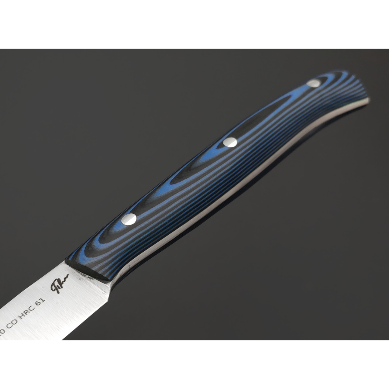 Платонов Д.Г. кухонный нож Paring сталь Aus10Co сатин, рукоять G10 black & blue, кожаные ножны