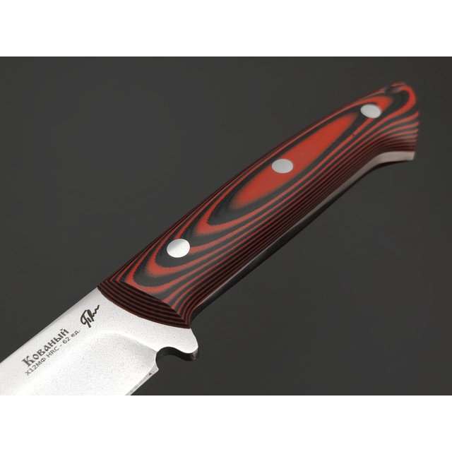 Платонов Д.Г. кованый нож Универсальный ЦМ сталь Х12МФ, рукоять G10 black & red
