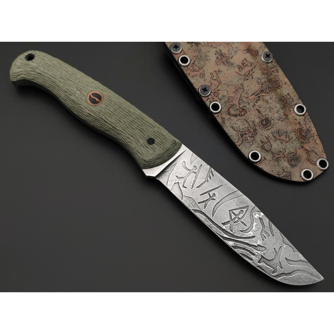 Волчий Век нож Ямской Custom "Петроглиф" сталь 95Х18 WA худ. травление, рукоять G10 olive