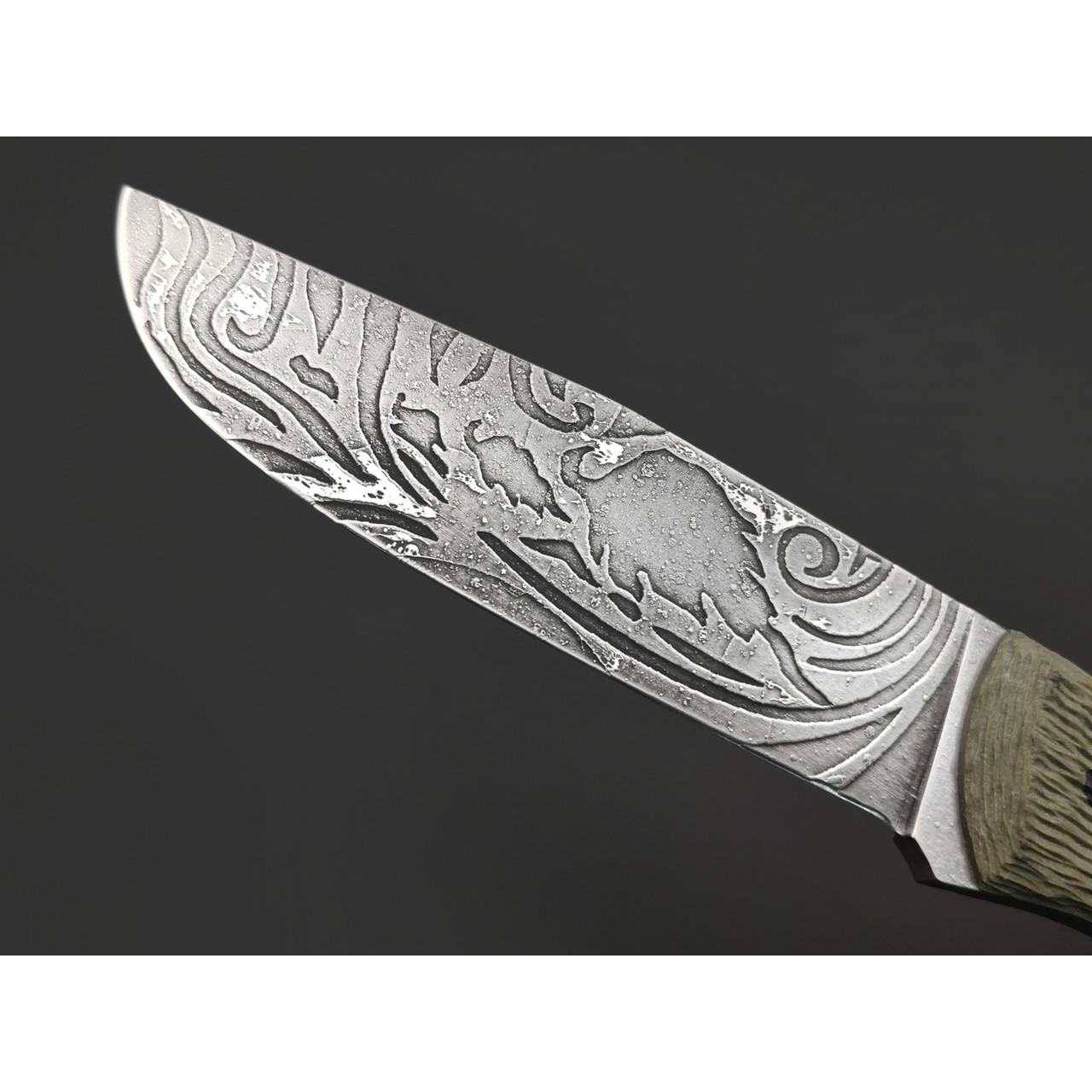 Волчий Век нож Ямской Custom "Петроглиф" сталь 95Х18 WA худ. травление, рукоять G10 olive