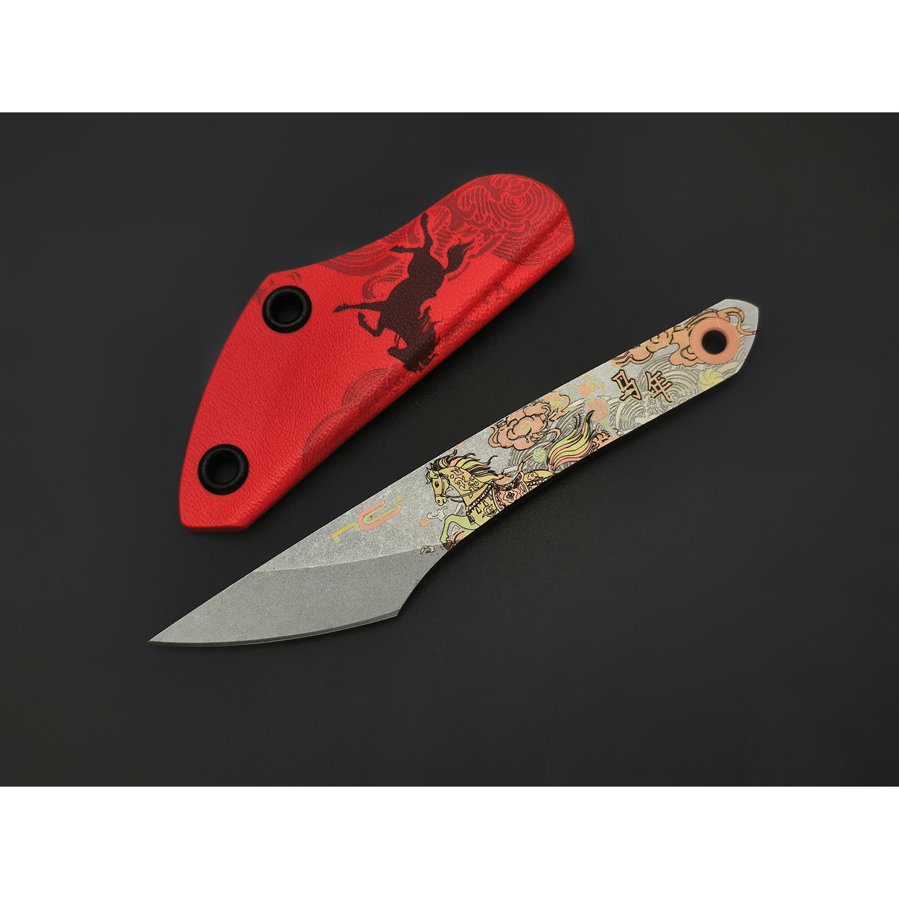 N.C.Custom нож киридаши KOI - Horse сталь Aus-8 стоунвош, kydex красный с гравировкой
