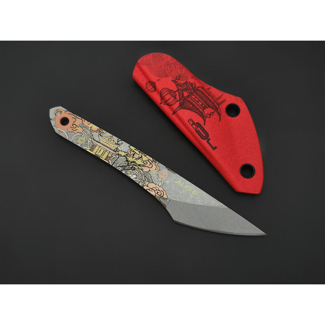 N.C.Custom нож киридаши KOI - Horse сталь Aus-8 стоунвош, kydex красный с гравировкой