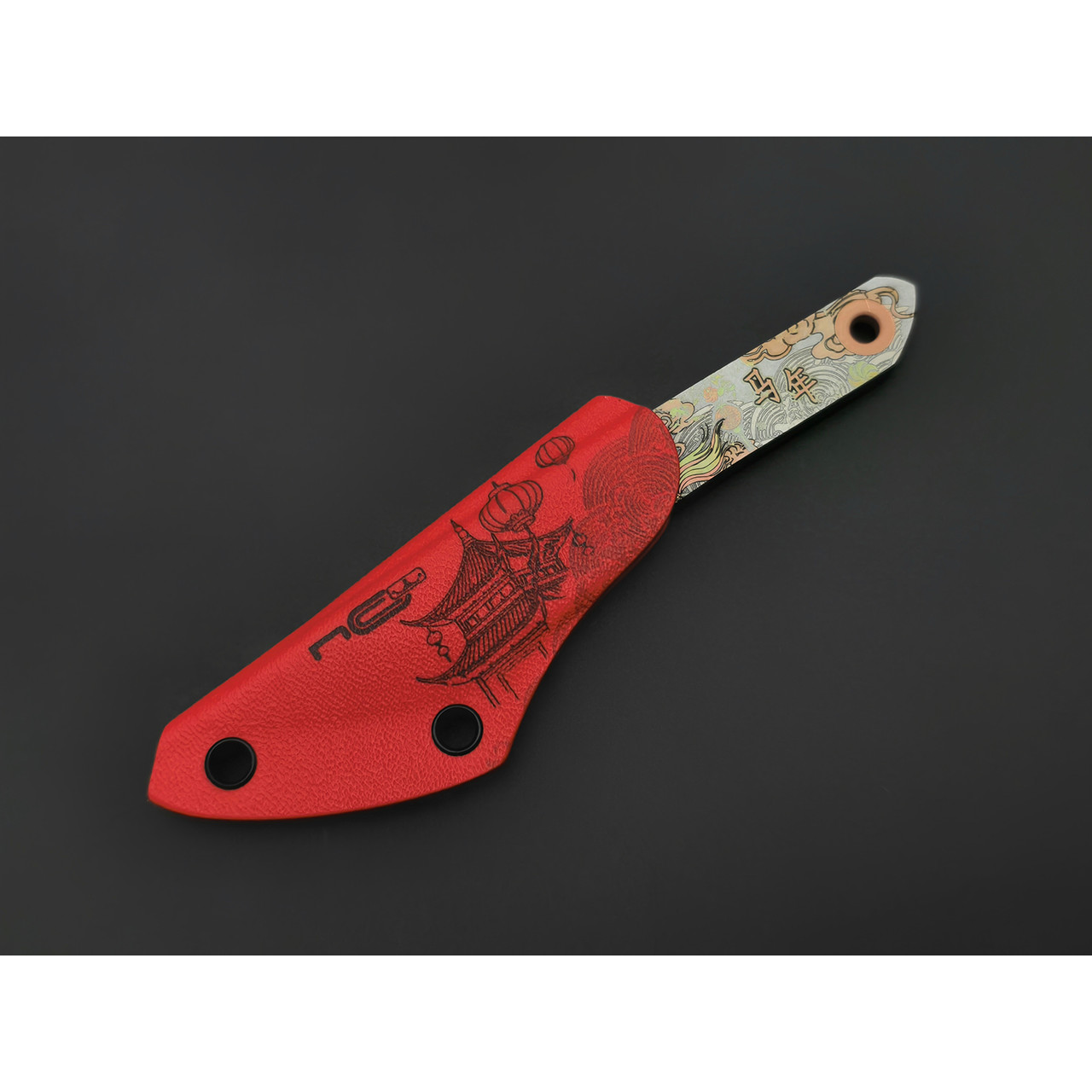 N.C.Custom нож киридаши KOI - Horse сталь Aus-8 стоунвош, kydex красный с гравировкой