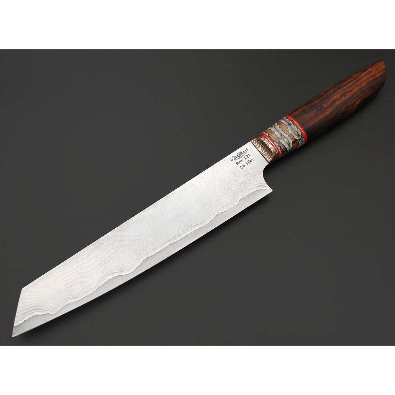 Дмитрий Седюк кухонный нож Kiritsuke сталь ламинат Rex 121, рукоять Айронвуд, стаб. зуб мамонта, мокумэ-ганэ