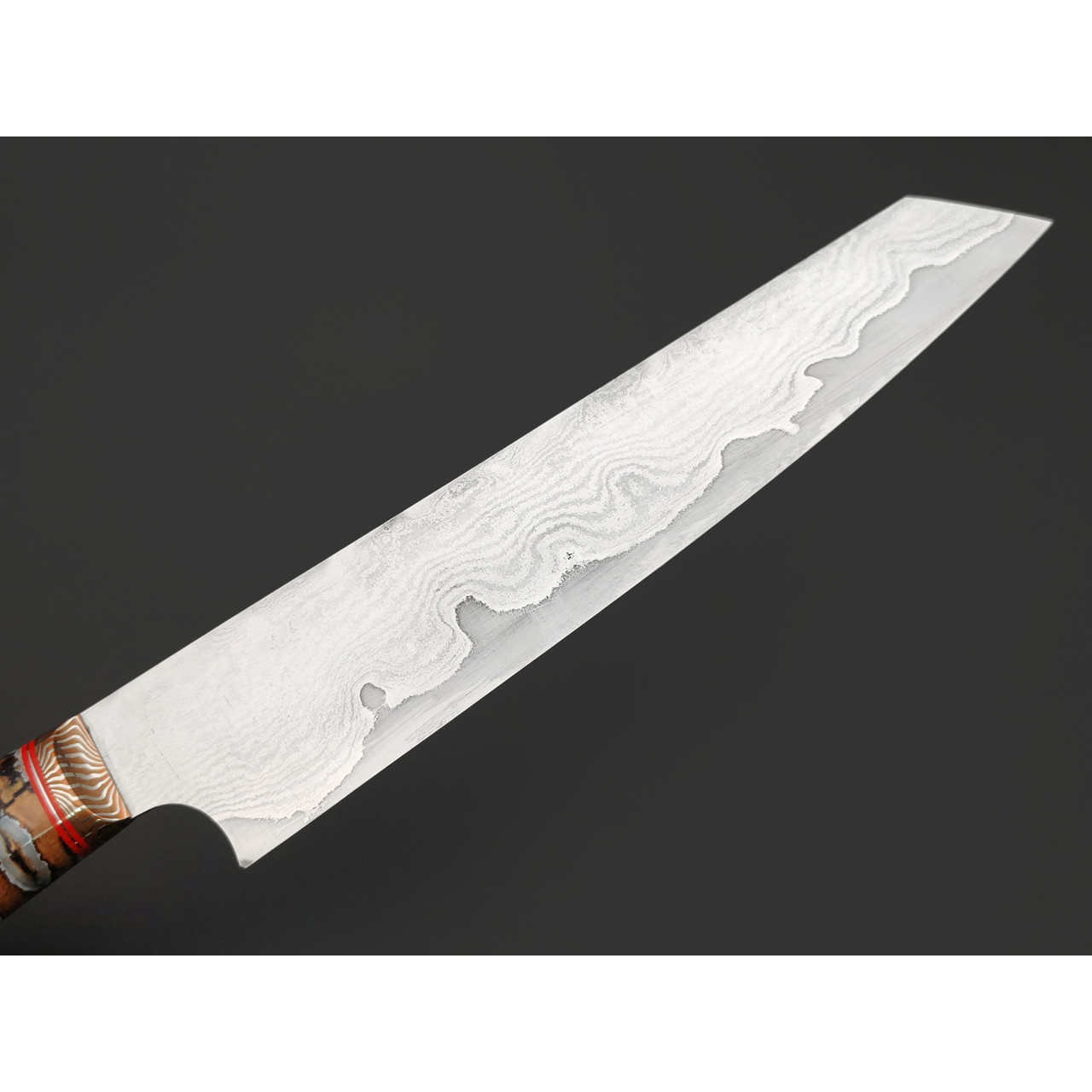 Дмитрий Седюк кухонный нож Kiritsuke сталь ламинат Rex 121, рукоять Айронвуд, стаб. зуб мамонта, мокумэ-ганэ