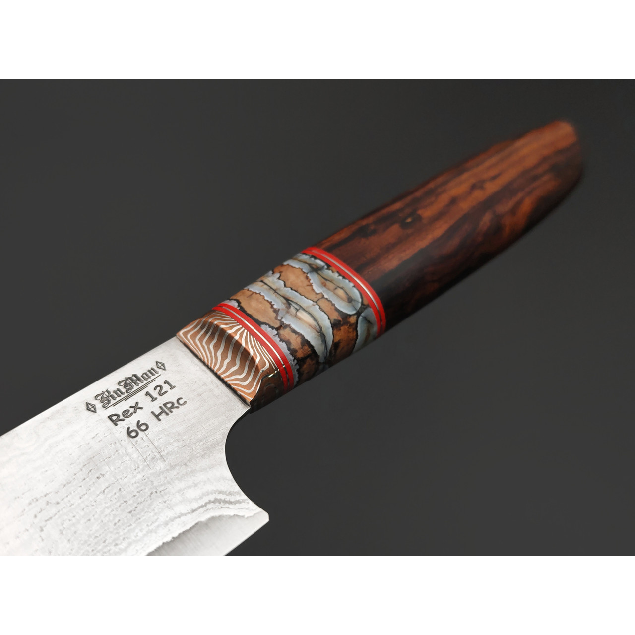 Дмитрий Седюк кухонный нож Kiritsuke сталь ламинат Rex 121, рукоять Айронвуд, стаб. зуб мамонта, мокумэ-ганэ