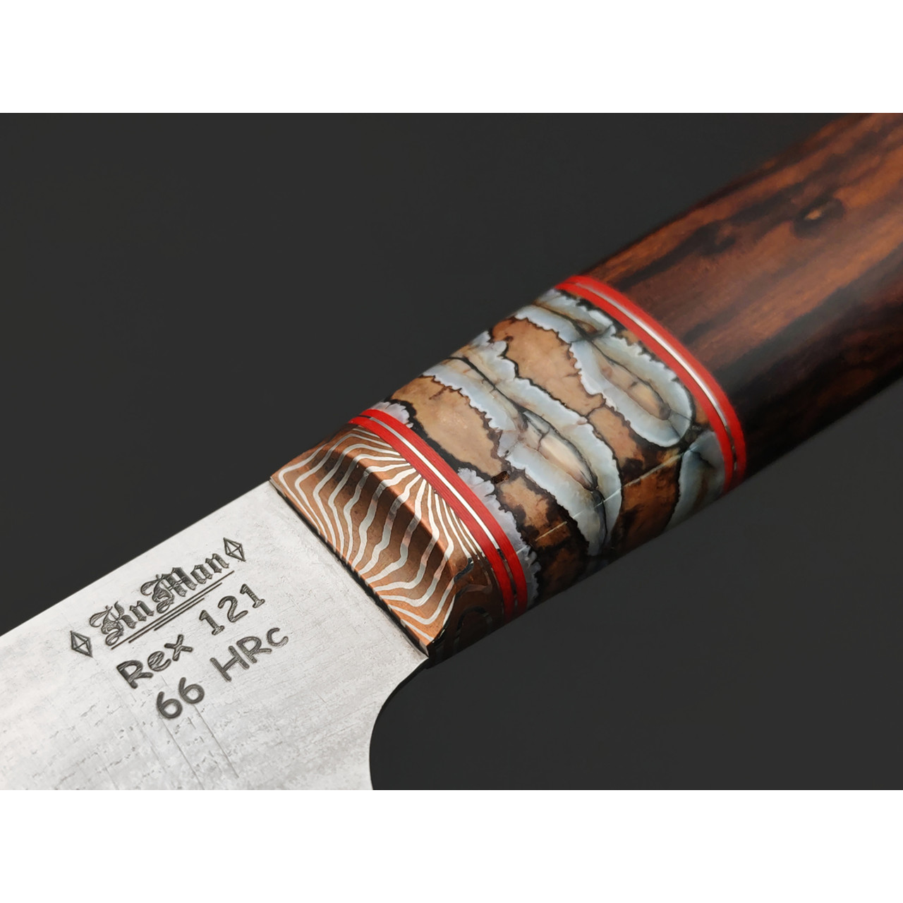 Дмитрий Седюк кухонный нож Kiritsuke сталь ламинат Rex 121, рукоять Айронвуд, стаб. зуб мамонта, мокумэ-ганэ