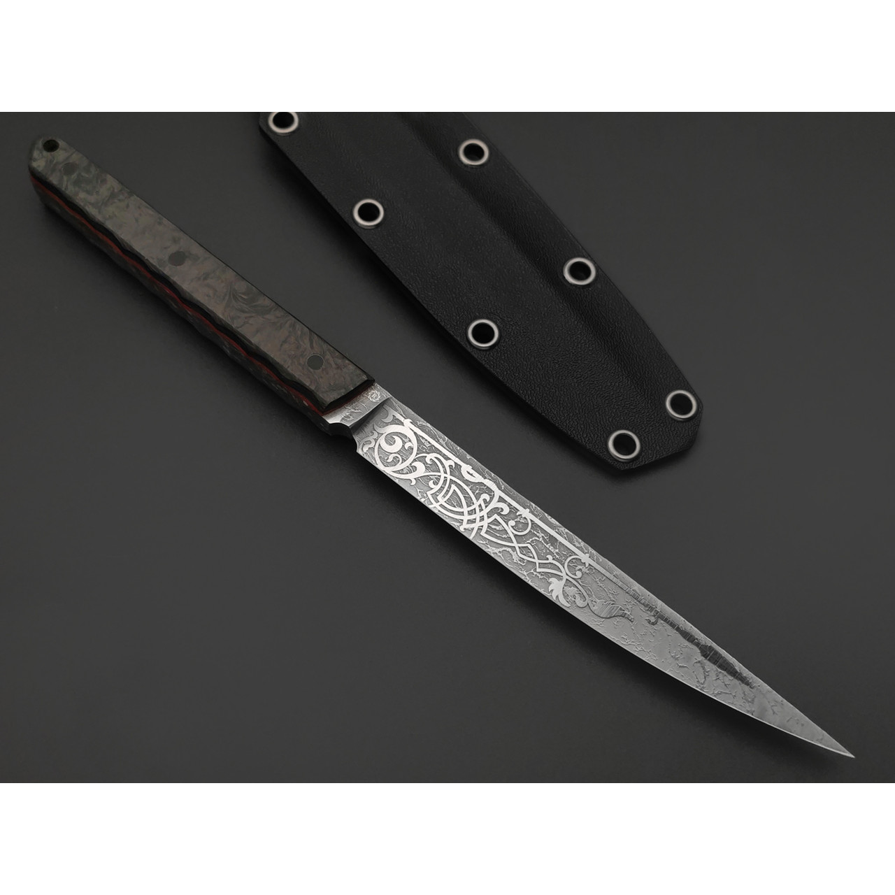Neyris Knives нож Akus-B 8 мм сталь CPM 3V худ. травление, рукоять Карбон хаотик, G10 красный/