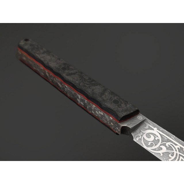 Neyris Knives нож Akus-B 8 мм сталь CPM 3V худ. травление, рукоять Карбон хаотик, G10 красный/