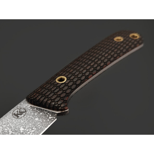 Кирилл Козлов нож Рабочий-1 сталь Aus-10Co худ. травление, рукоять Micarta brown с гравировкой, латунь