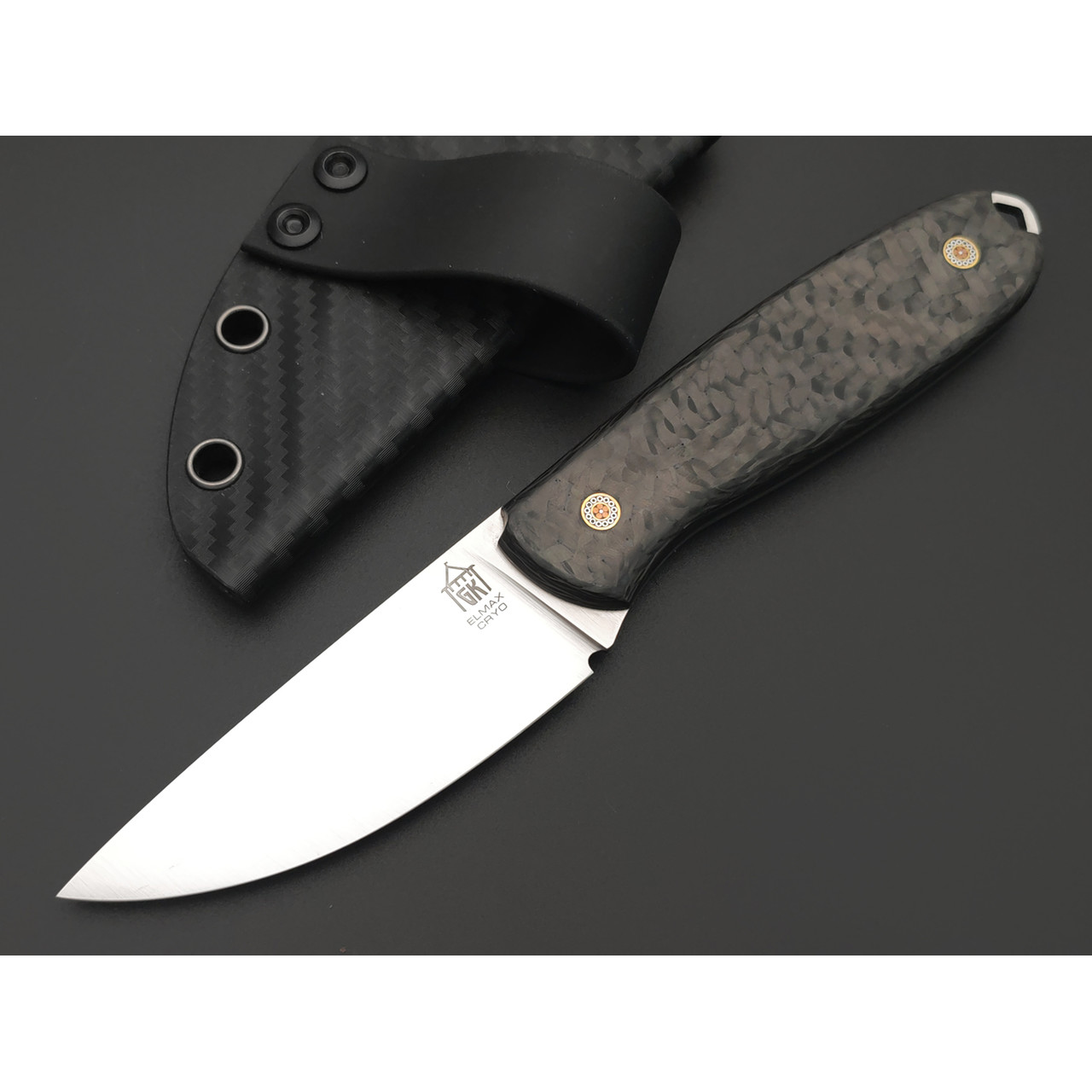 Град Горький нож Шейный сталь Elmax satin, рукоять Carbon fiber, пины