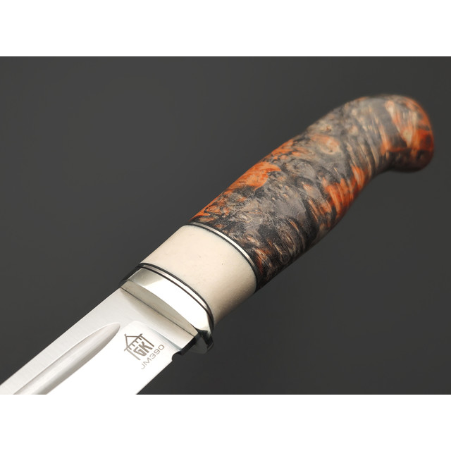 Град Горький нож Пукко сталь JM390 satin, рукоять Стаб. кап клёна, micarta, мельхиор