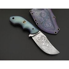Волчий Век нож Бхадж Малый Custom сталь 95Х18 WA худ. травление, рукоять G10 прозрачный с фиолетовым, пины карбон