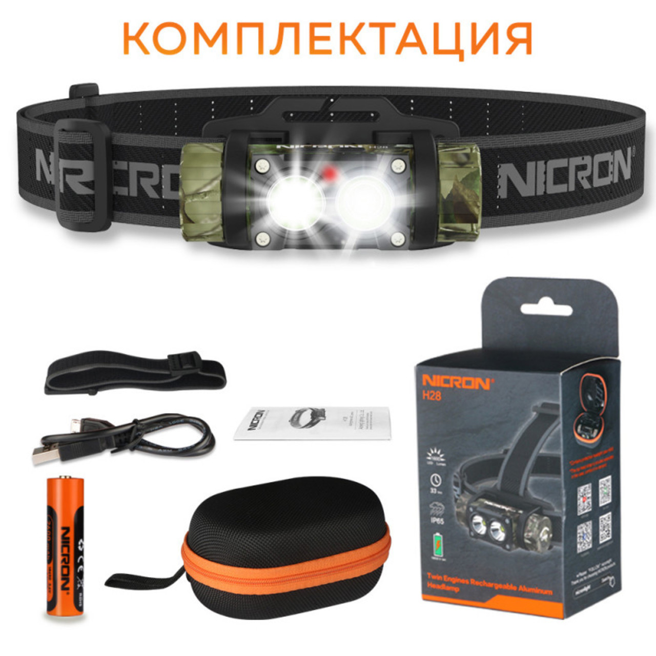 NICRON cветодиодный двухлучевой налобный фонарь H28 Camo 1600LM IP65