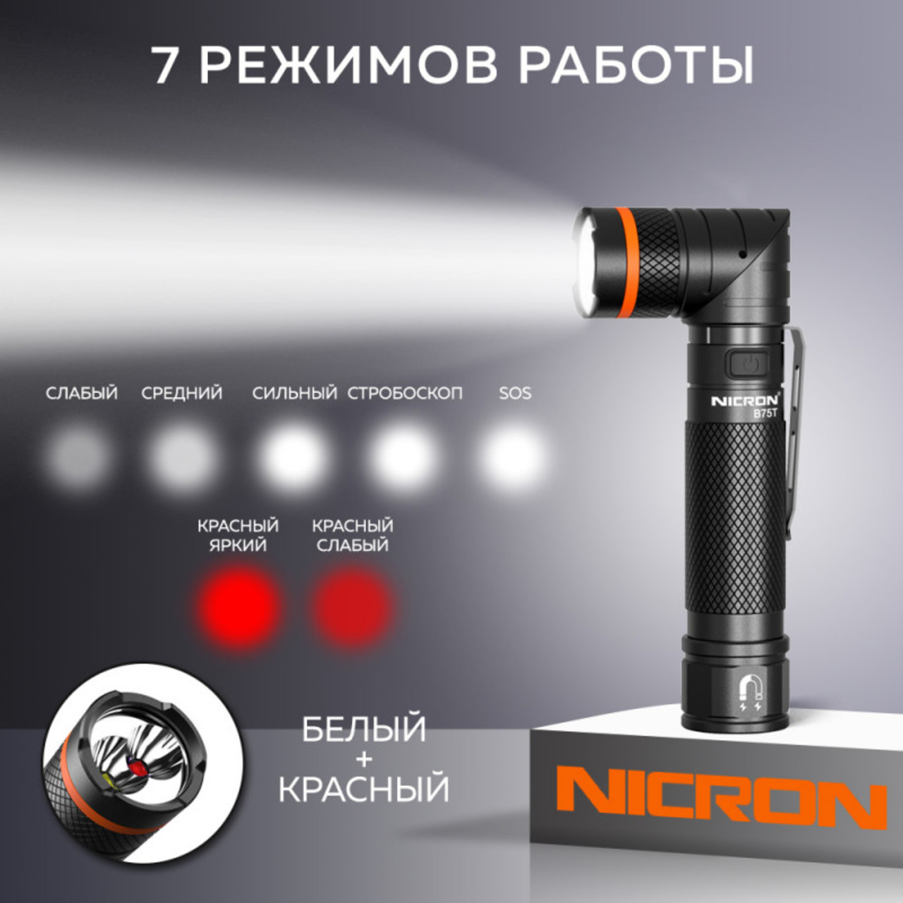 NICRON светодиодный поворотный фонарик с белым и красным светом B75T 1000LM IP65