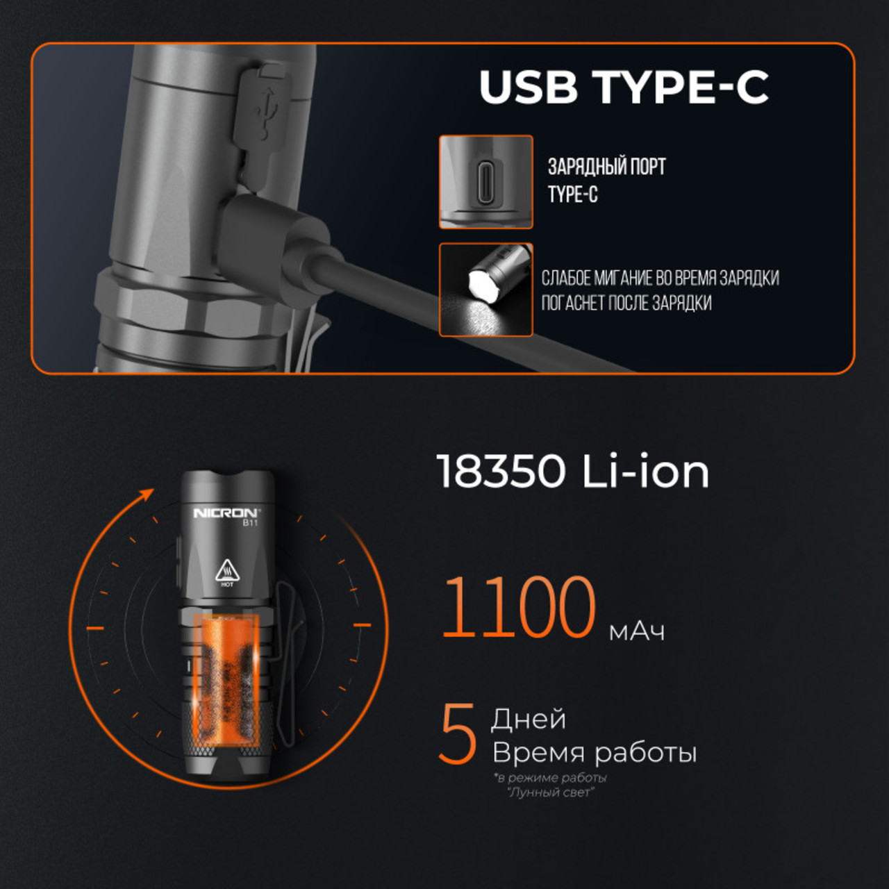 NICRON светодиодный мини фонарик B11 v. 2.0 2000LM IP67
