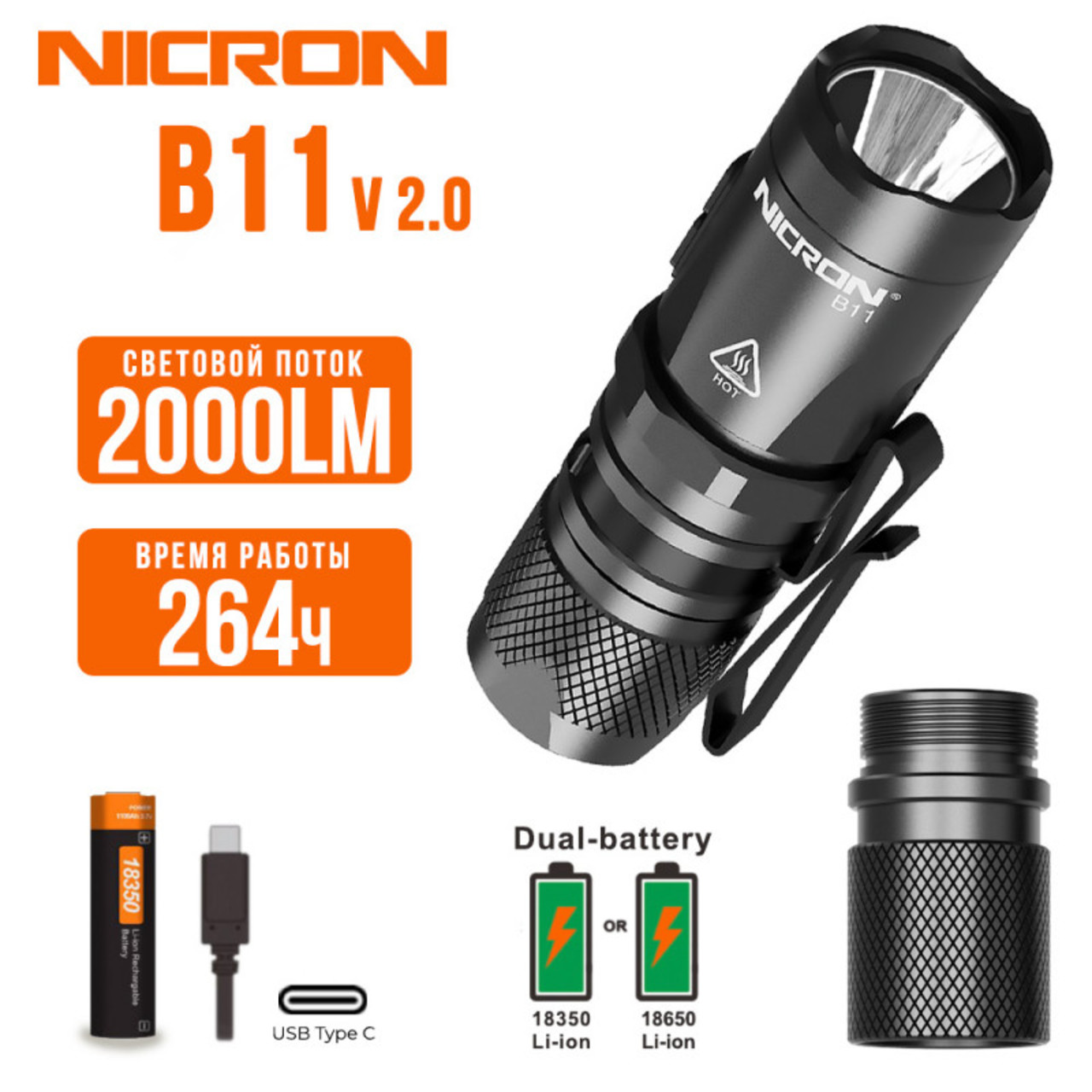 NICRON светодиодный мини фонарик B11 v. 2.0 2000LM IP67