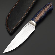 Платонов Д.Г. нож Прямой сталь S390, рукоять стаб. Шишка, акриловый композит перламутрово-синий, мельхиор