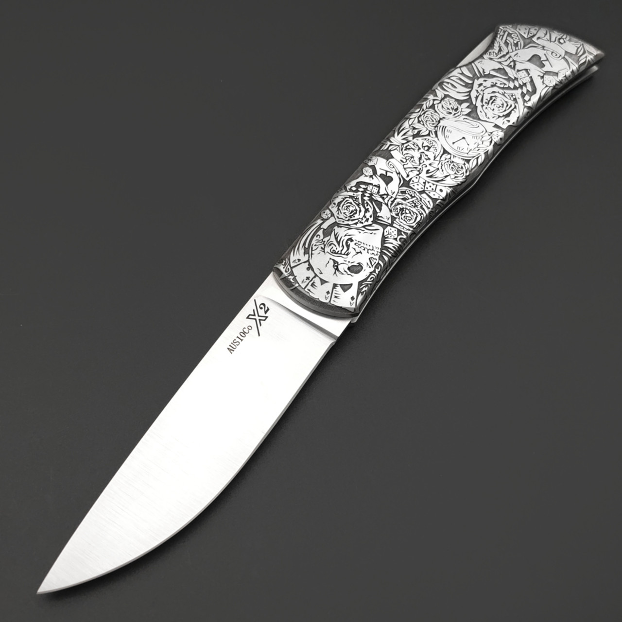 X Тату нож складной Модель X2 "Король Азарта", сталь Aus10Co, рукоять AISI420 с гравировкой