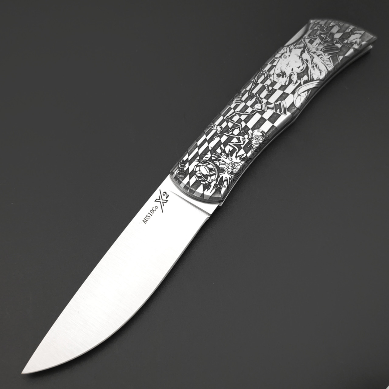 X Тату нож складной Модель X2 "Ход Конём", сталь Aus10Co, рукоять AISI420 с гравировкой