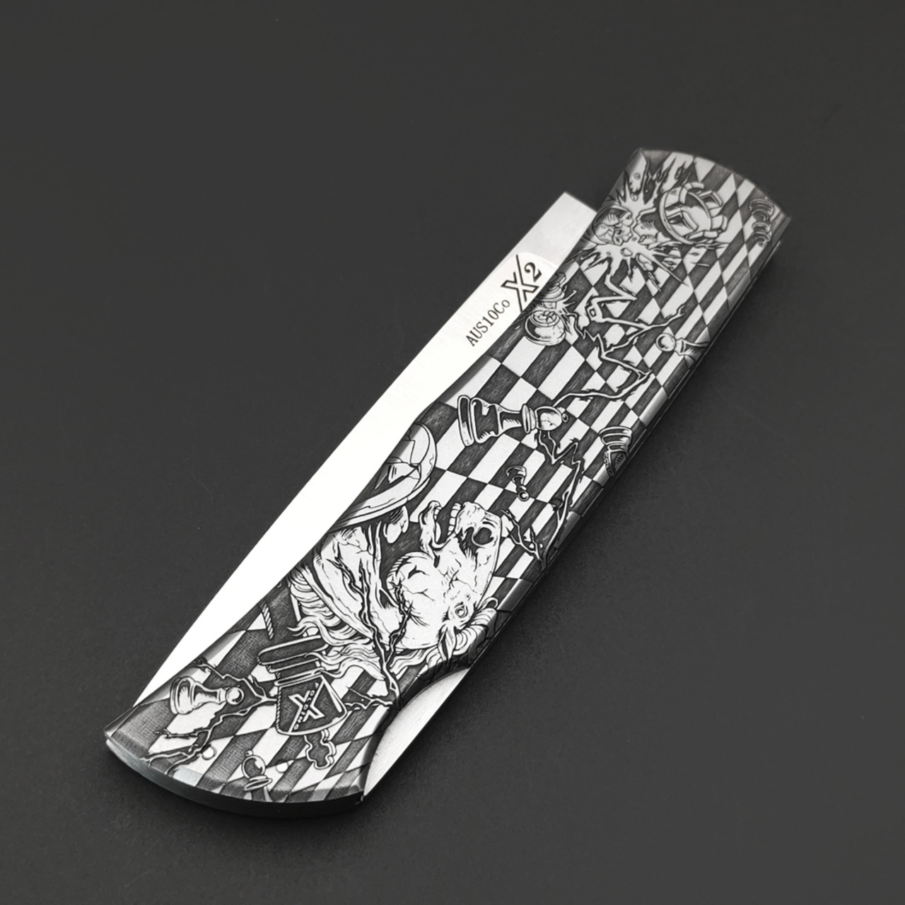 X Тату нож складной Модель X2 "Ход Конём", сталь Aus10Co, рукоять AISI420 с гравировкой