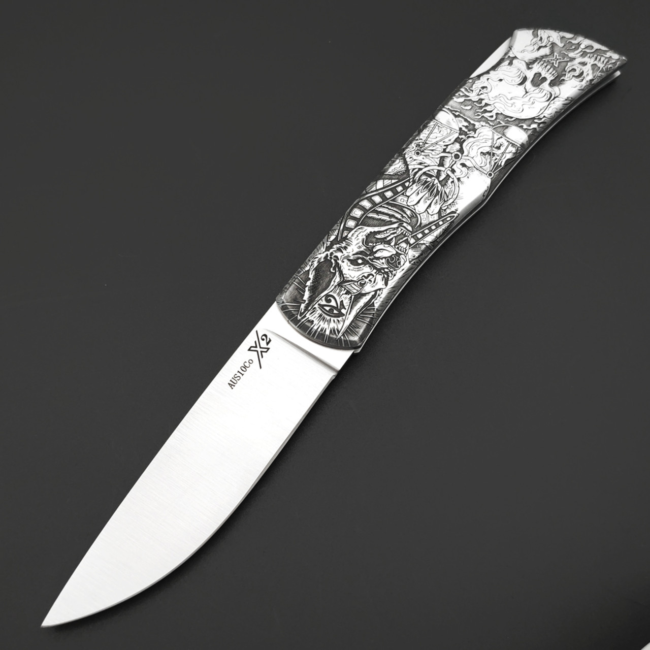 X Тату нож складной Модель X2 "Анубис", сталь Aus10Co, рукоять AISI420 с гравировкой