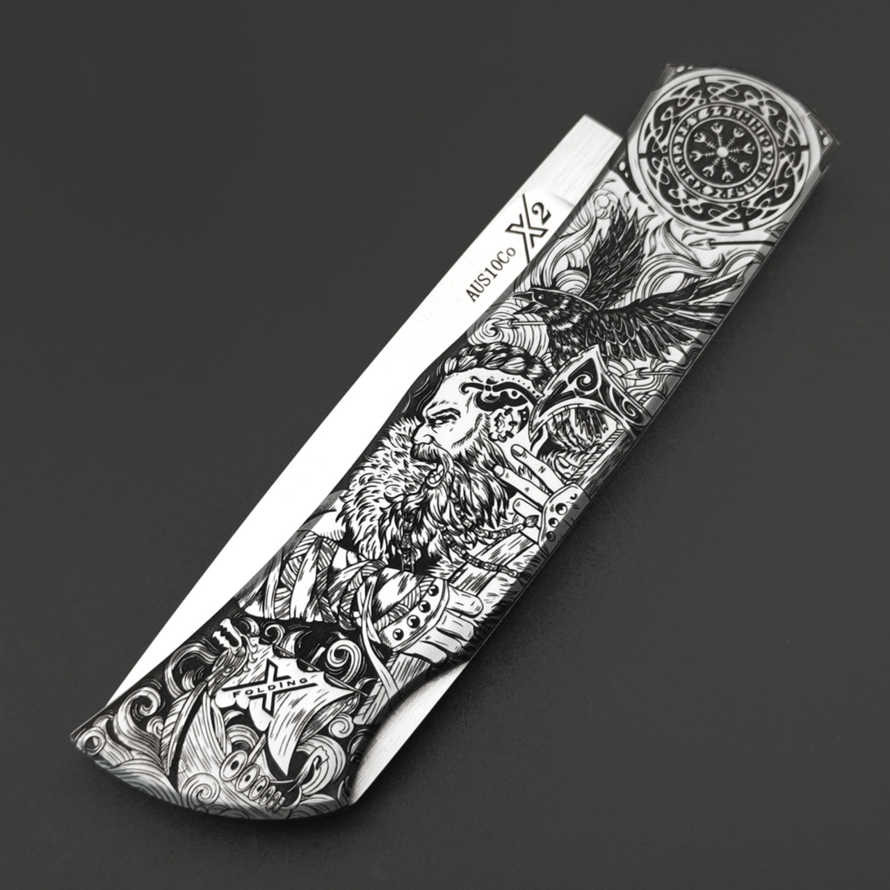 X Тату нож складной Модель X2 "Викинг и Валькирия", сталь Aus10Co, рукоять AISI420 с гравировкой