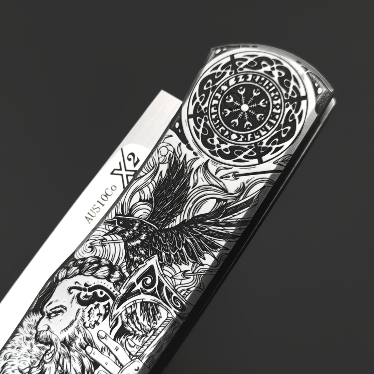 X Тату нож складной Модель X2 "Викинг и Валькирия", сталь Aus10Co, рукоять AISI420 с гравировкой