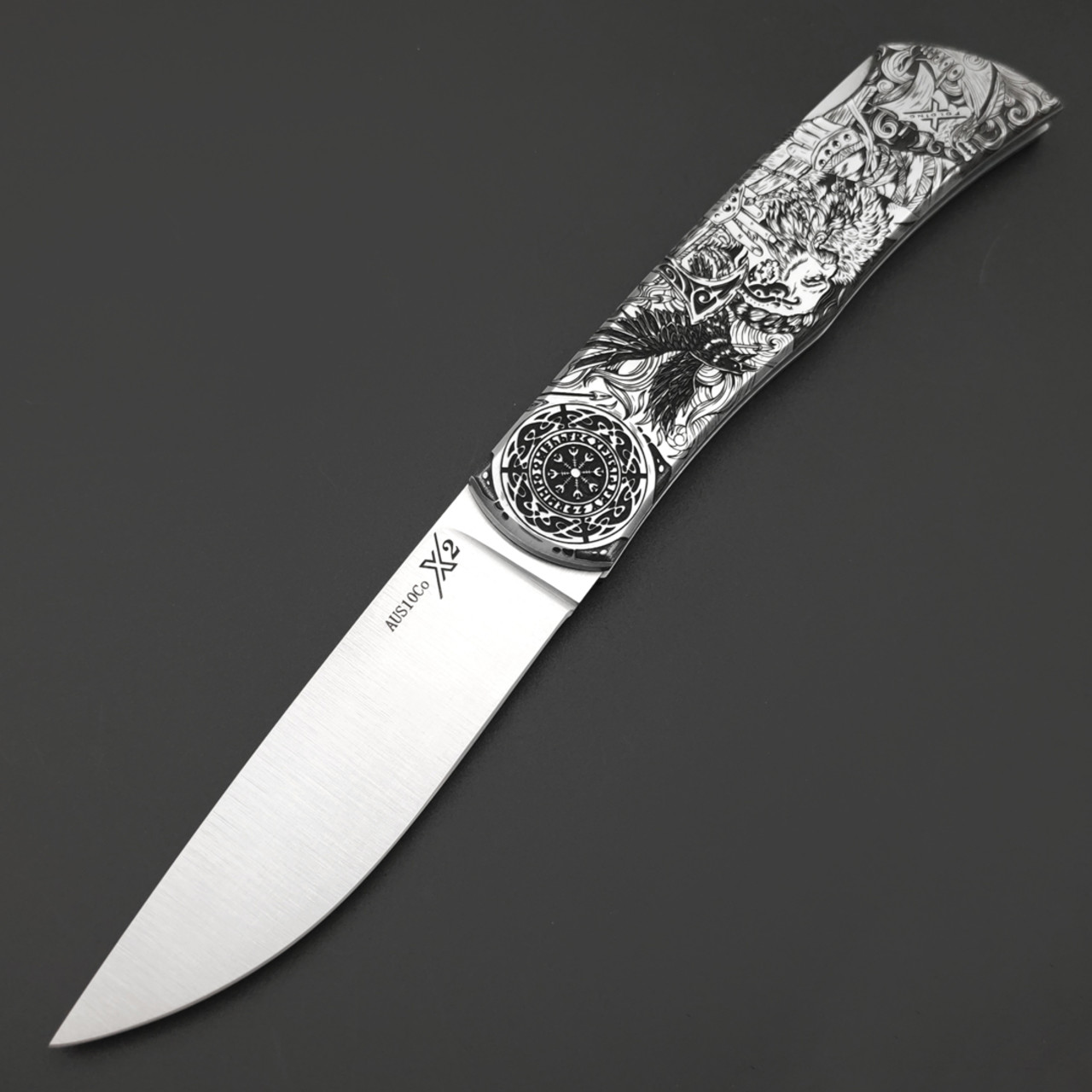 X Тату нож складной Модель X2 "Викинг и Валькирия", сталь Aus10Co, рукоять AISI420 с гравировкой