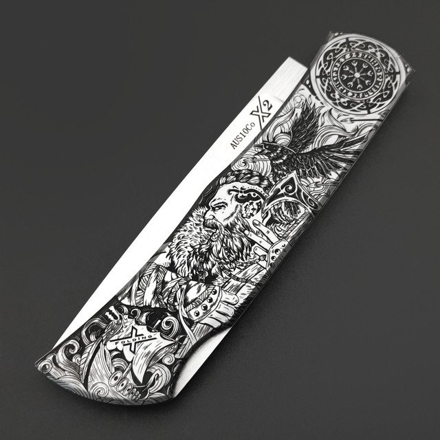 X Тату нож складной Модель X2 "Викинг и Валькирия", сталь Aus10Co, рукоять AISI420 с гравировкой