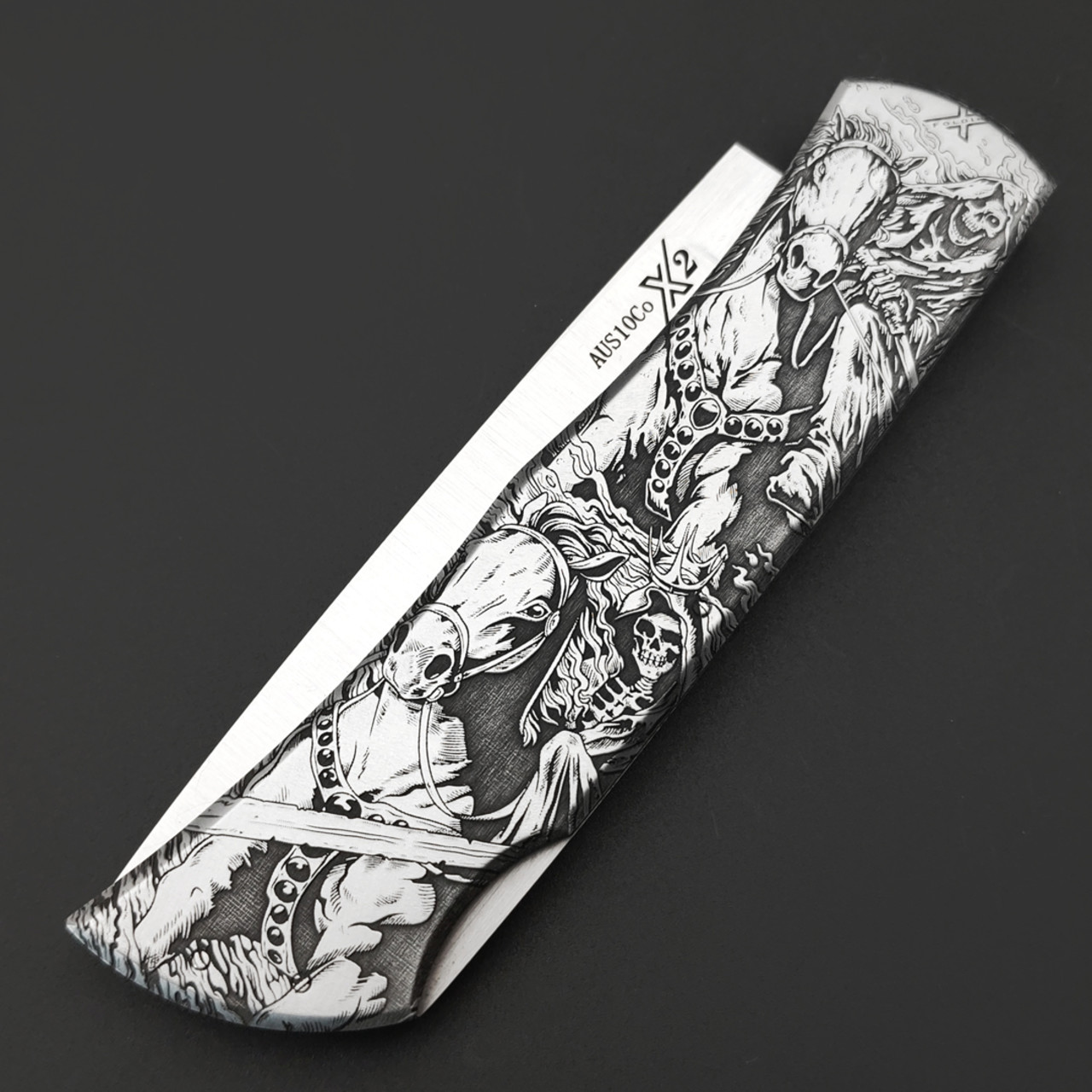 X Тату нож складной Модель X2 "Всадник Апокалипсиса", сталь Aus10Co, рукоять AISI420 с гравировкой