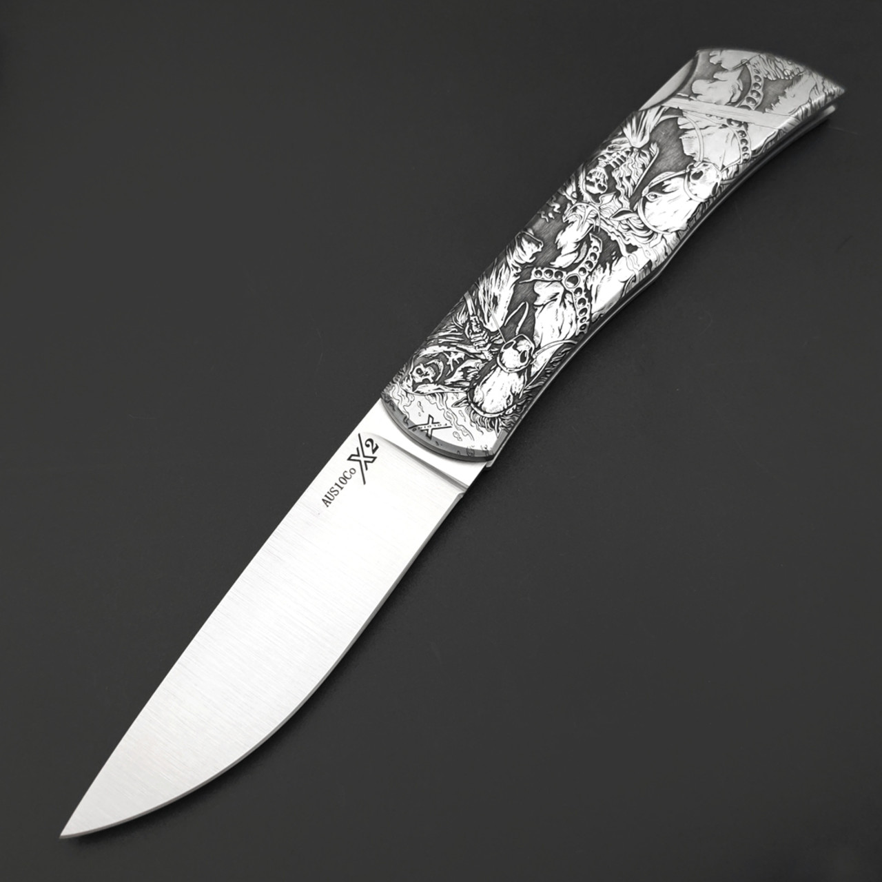 X Тату нож складной Модель X2 "Всадник Апокалипсиса", сталь Aus10Co, рукоять AISI420 с гравировкой