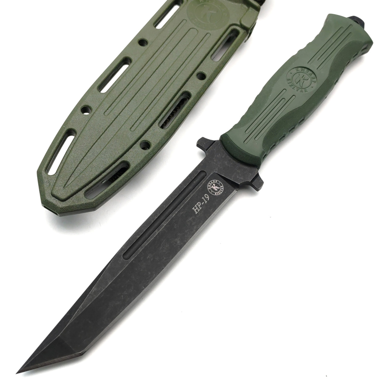 Кизляр нож "НР-19" 03305 сталь Aus-8 блэквош, рукоять Эластрон олива, ножны АБС