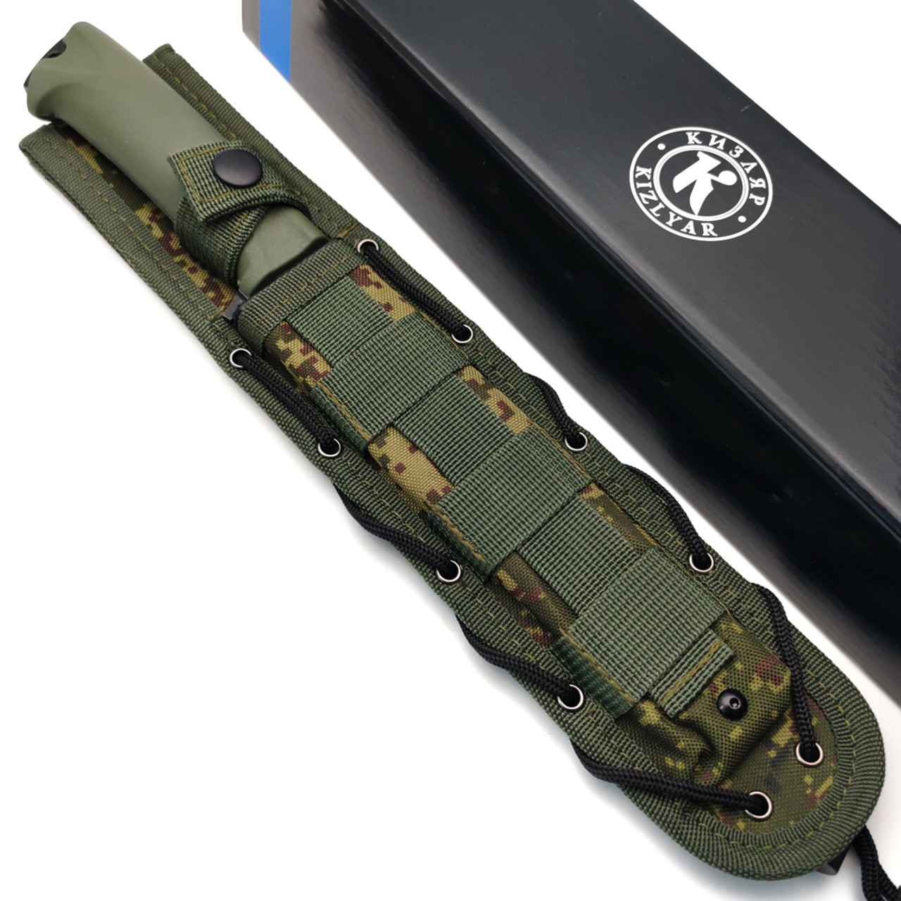 Кизляр нож Милитари 03074 сталь Aus-8 блэквош, рукоять Эластрон олива, ножны комуфляж с MOLLE