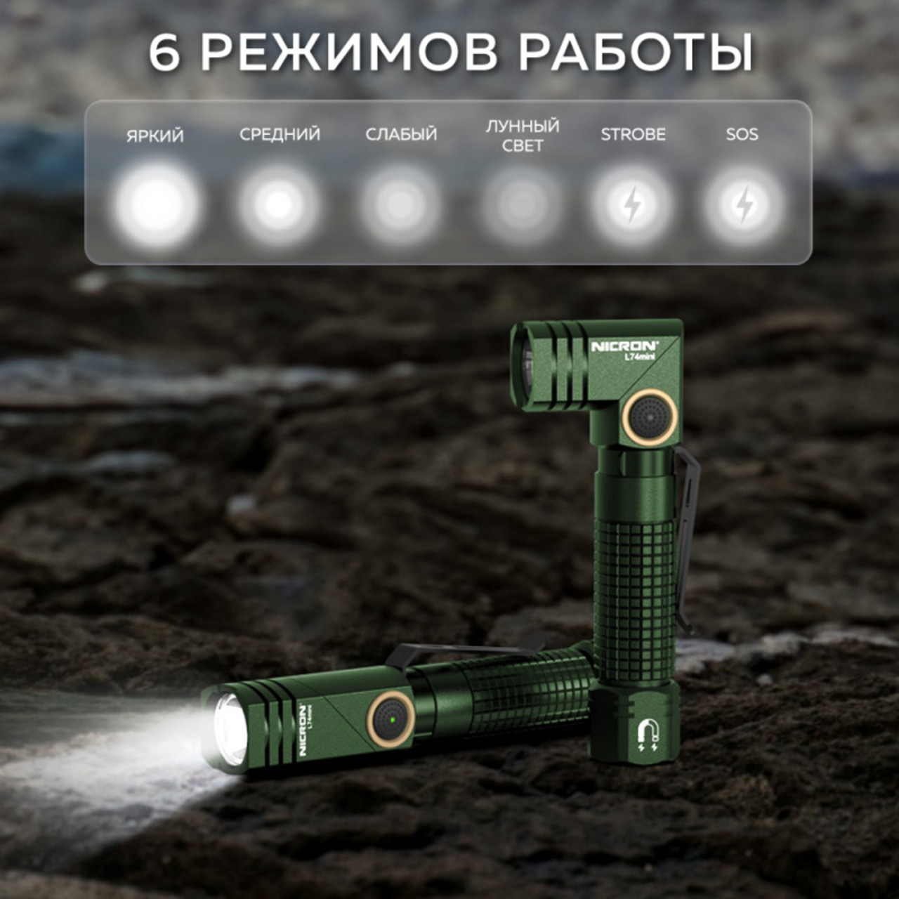 NICRON светодиодный поворотный фонарь L74mini 400LM IP65 green