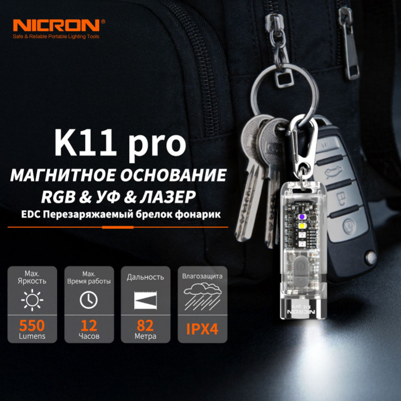 NICRON светодиодный брелок фонарик с УФ K11 PRO 550LM IPX4