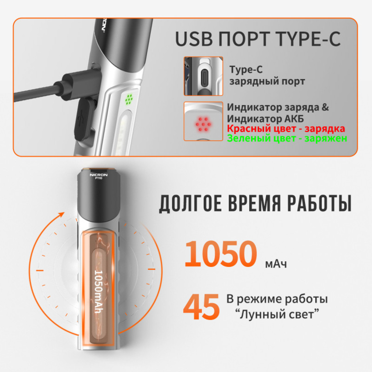 NICRON cветодиодный поворотный плоский фонарь PT10 1000LM с УФ и RGB