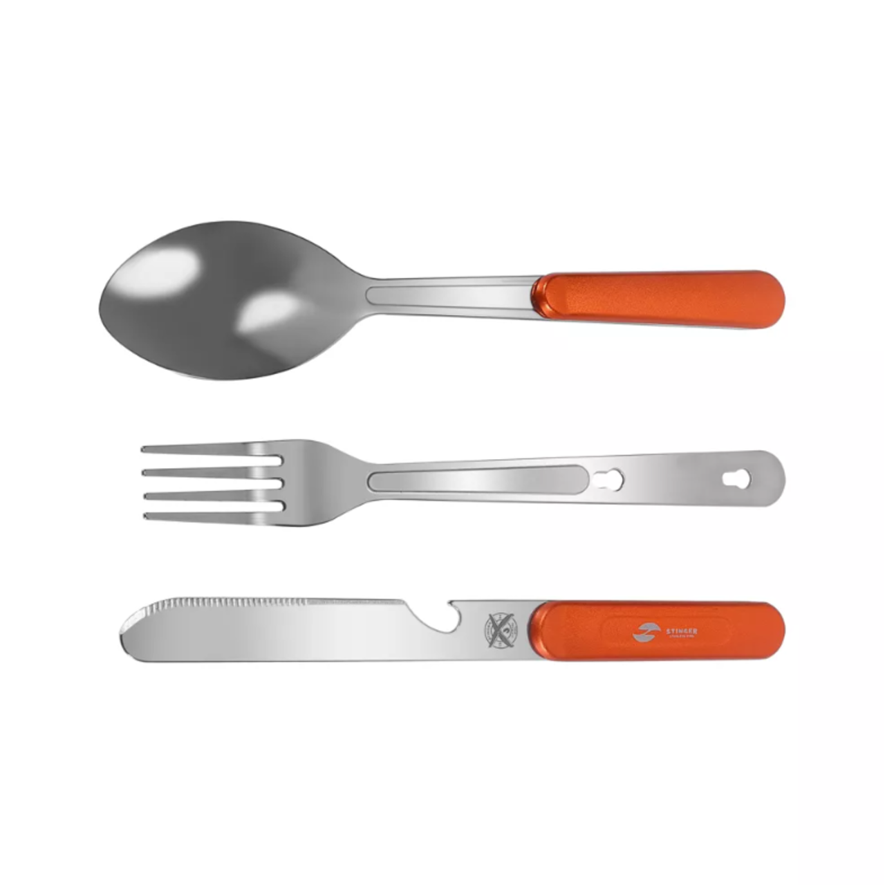 Stinger набор столовых приборов для кемпинга SET-K703B-ORANGE сталь 420, рукоять Алюминий оранжевый (нож, ложка, вилка, открывалка)