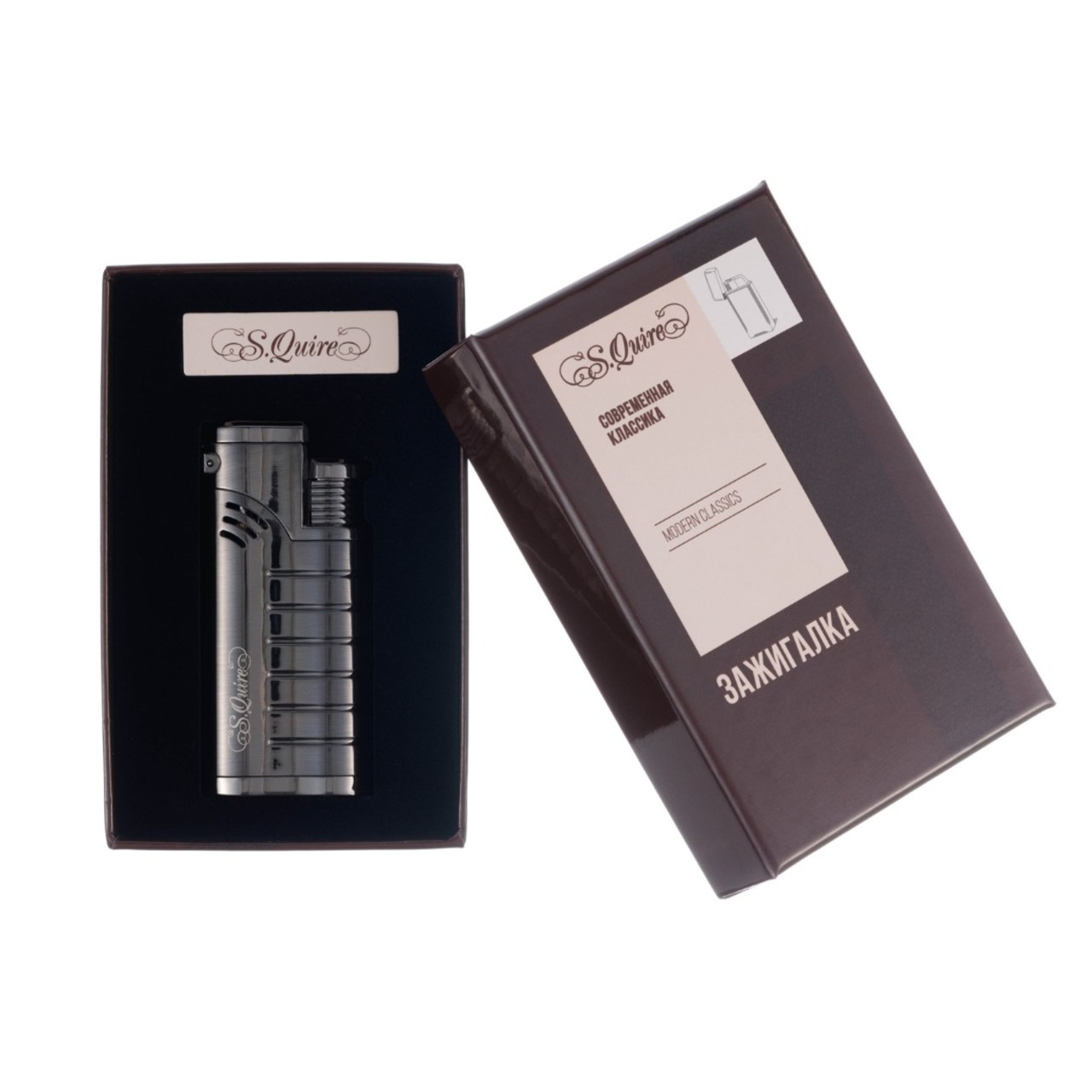 S.Quire турбо зажигалка газовая, тройное пламя, пробойник для сигар FL097- Steel Цинковый сплав, серая