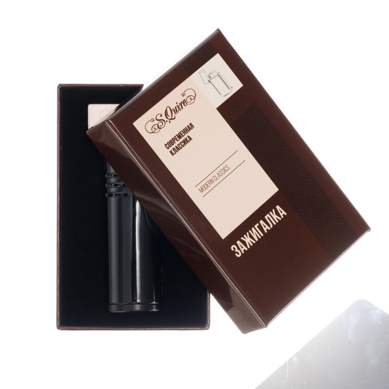 S.Quire турбо зажигалка газовая, двойное пламя, пробойник для сигар 430122-Black Цинковый сплав, черная