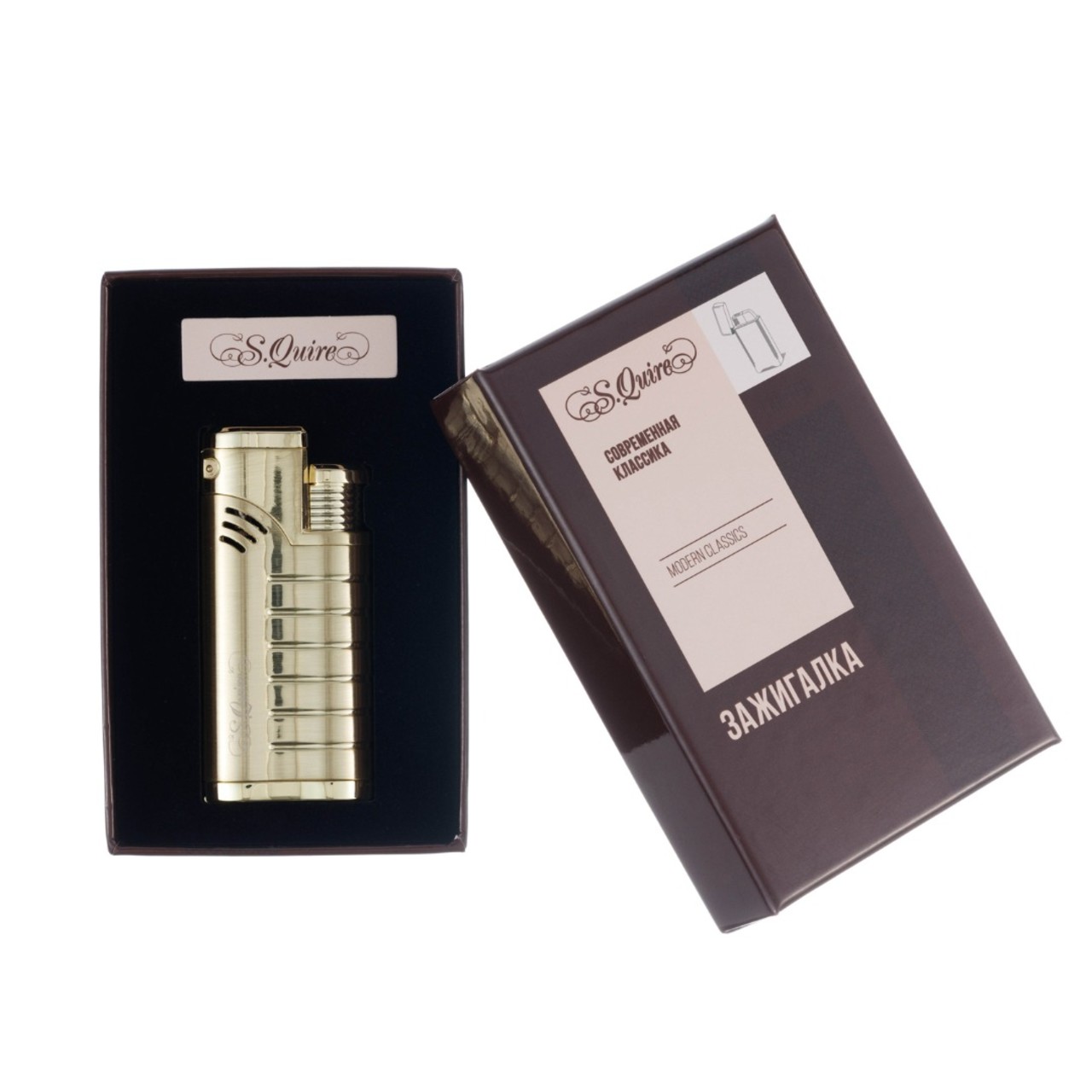 S.Quire турбо зажигалка газовая, тройное пламя, пробойник для сигар FL097- Yellow Цинковый сплав, золотистая