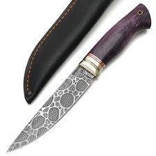 Платонов Д.Г. кованый нож Тигр-М сталь S390 худ. травление, рукоять Стаб. карельская берёза сиреневая, латунь