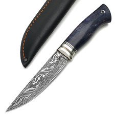 Платонов Д.Г. кованый нож Тигр-М сталь S390 худ. травление, рукоять Стаб. карельская берёза синяя, мельхиор, G10