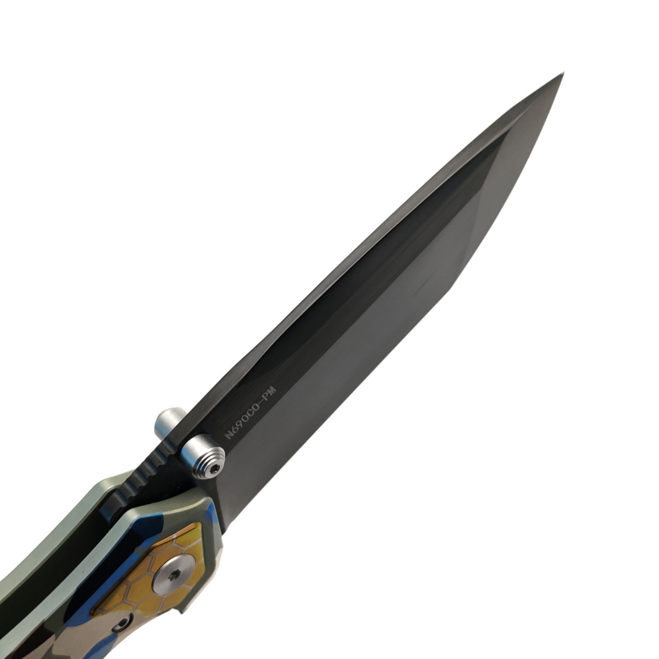 Alpha Miu складной нож Rex BL сталь N690Co DLC, рукоять Титан TC4 сине-зелёный камуфляж с сотами