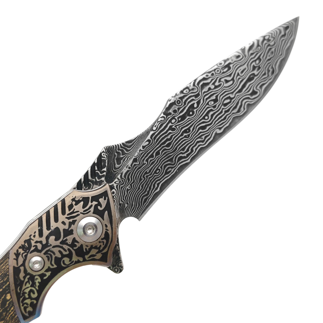 Alpha Miu складной нож AM003 сталь Дамаск, рукоять Карбон с латунью, сталь
