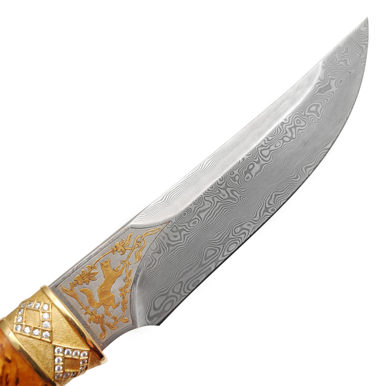 Северная Корона нож Куница-2 сталь Дамаск, рукоять Стаб. карельская берёза, бронза, золочение